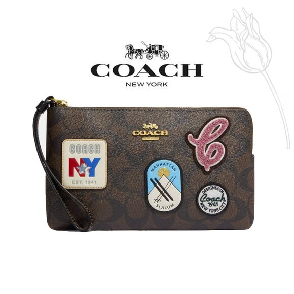 Coach Large Corner Zip Wristlet In Signature Canvas With Ski Patches - Picture 1 of 14